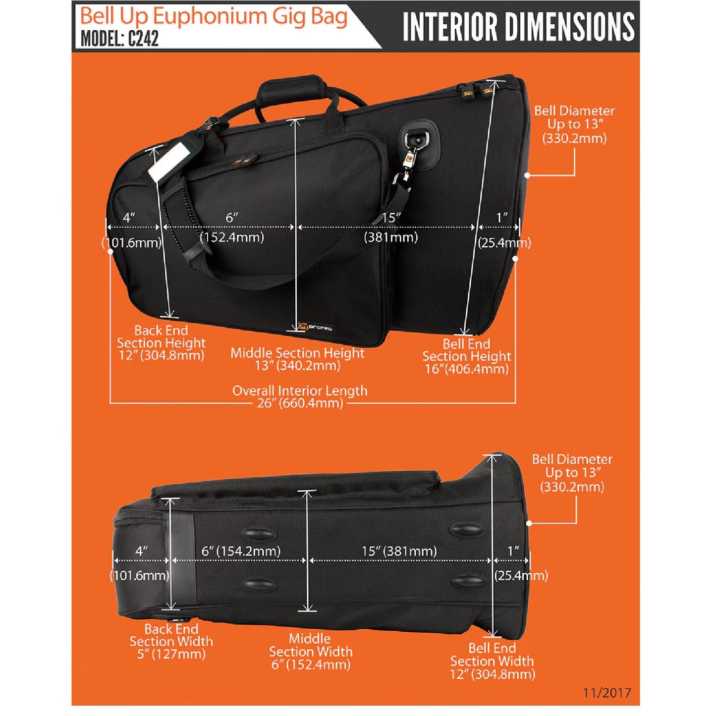 Protec Euphonium Gig Bag - Gold Series, Bell Up